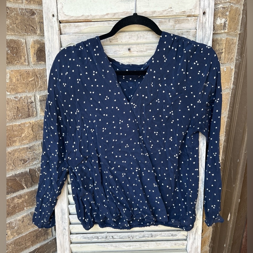 Madewell Navy Blue Silk Faux Wrap Top Blouse Size Medium Hearts Long Sleeve